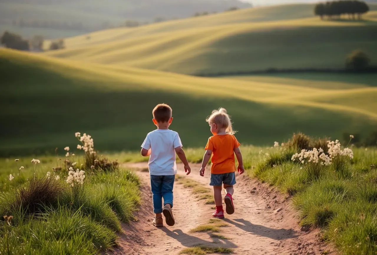 Twee kleine kinderen lopen over een zandpad tussen groene heuvels