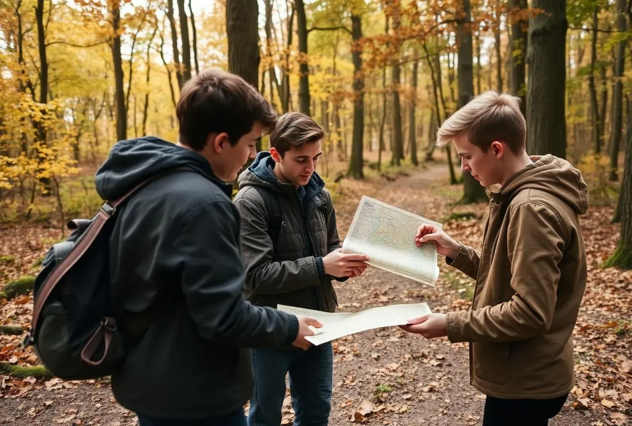 Drie jongeren bestuderen samen een kaart in een herfstbos
