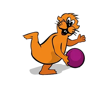 Cartoonbever gooit een paarse bowlingbal