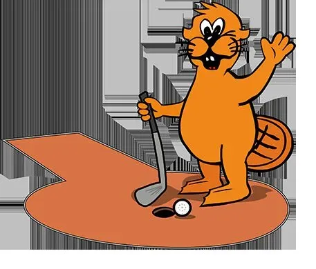 Cartoonbever speelt minigolf met putter en bal