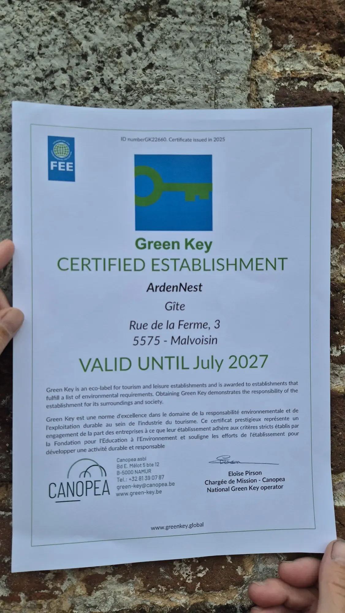 Green Key-certificaat van ArdenNest, geldig tot juli 2027