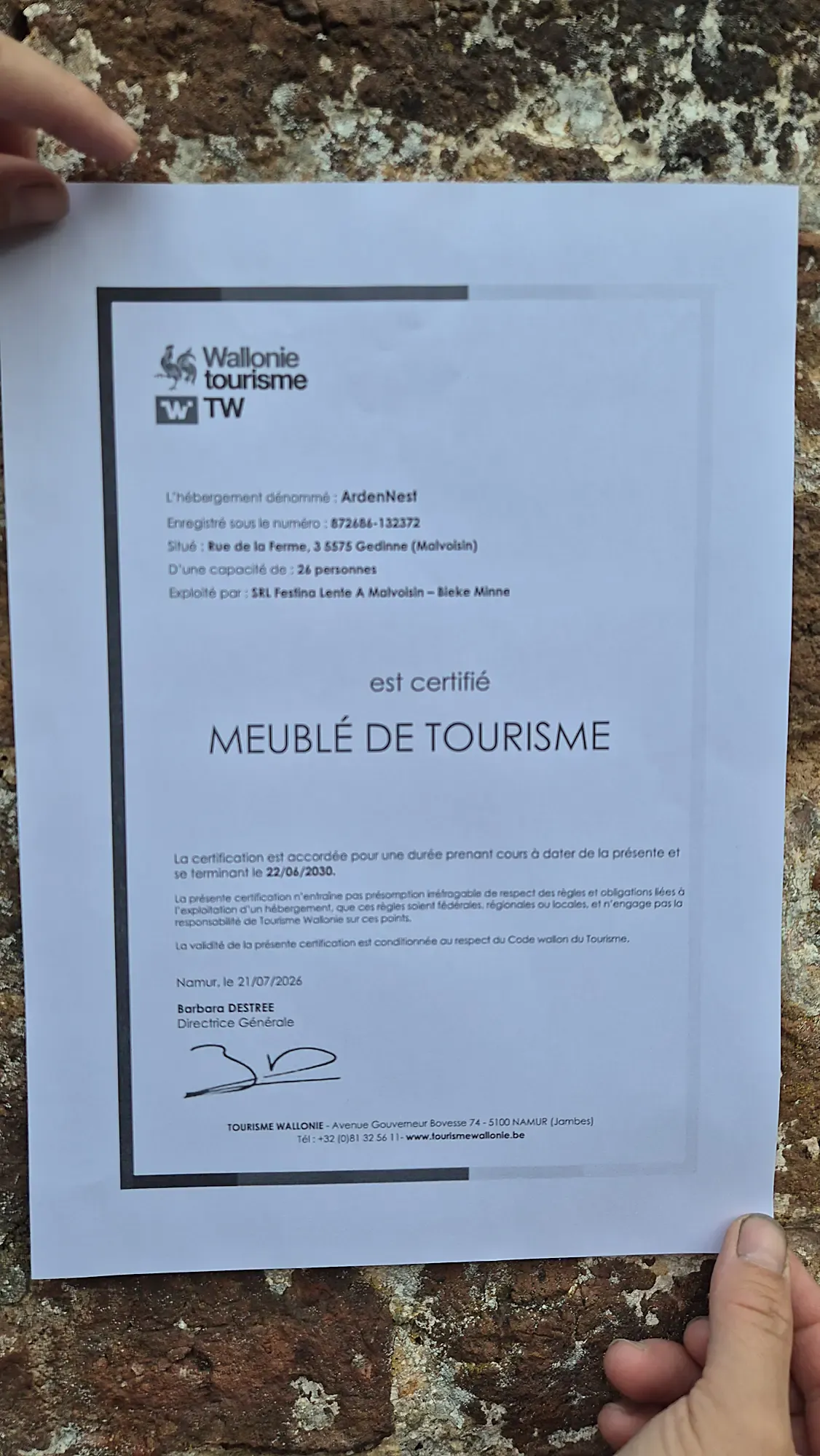 Certificaat Meublé de Tourisme van Tourisme Wallonie voor ArdenNest, 26 personen, geldig tot 2030