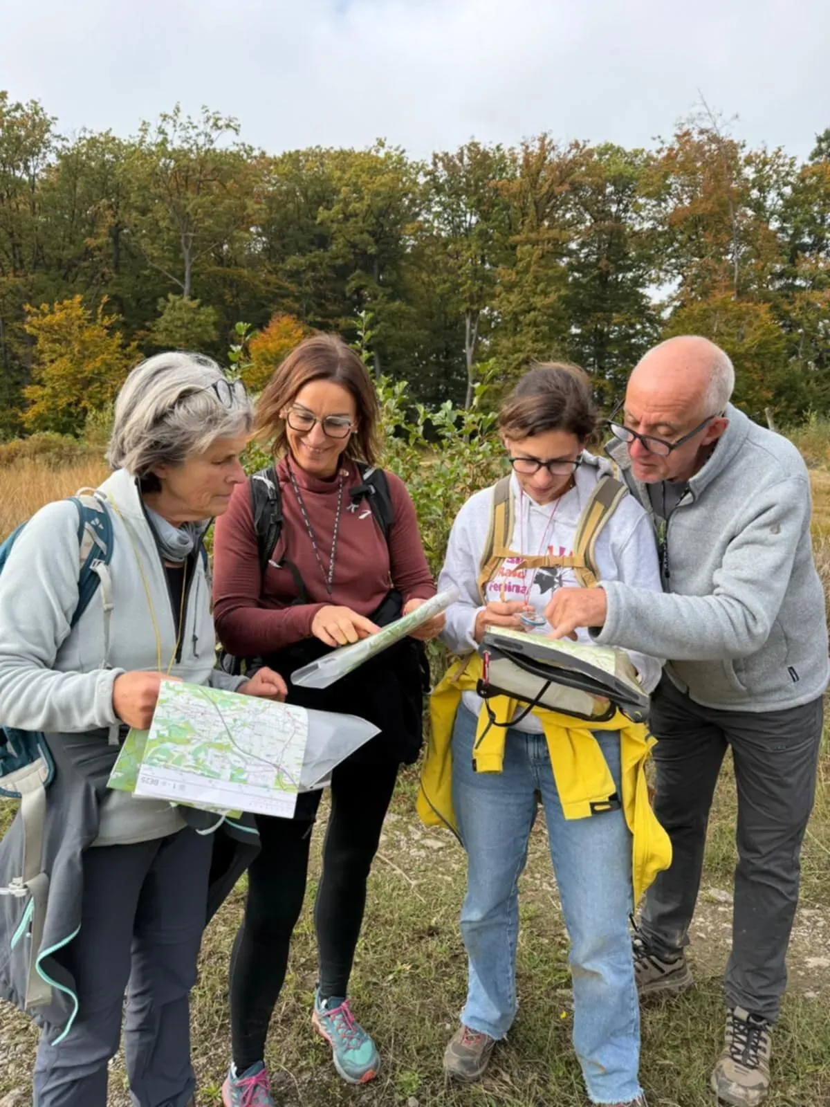 Vier wandelaars bestuderen samen een wandelkaart in open veld