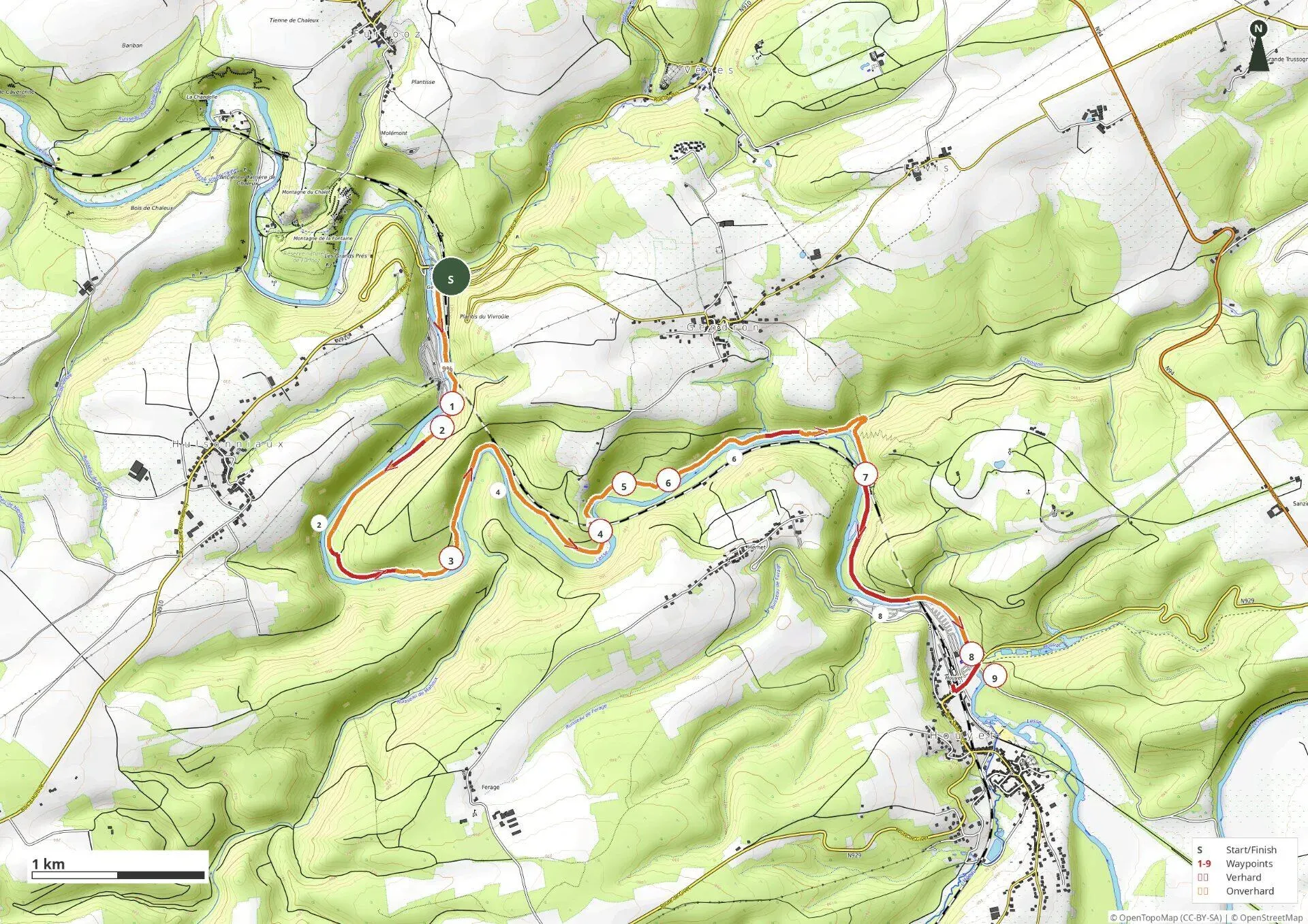 Randonnée en train Houyet - Gendron - Houyet - routekaart