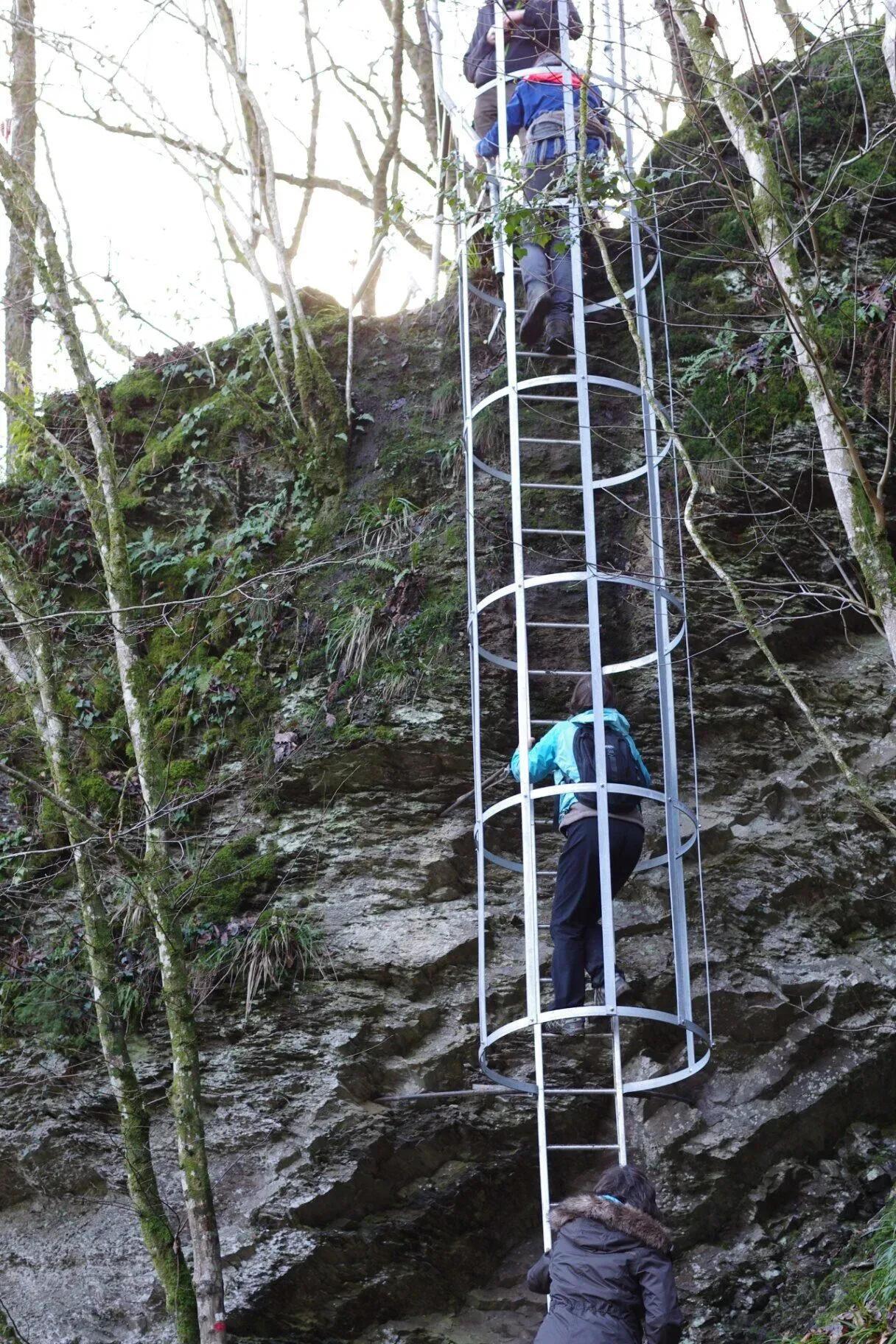 Twee wandelaars klimmen metalen ladder tegen rotswand op