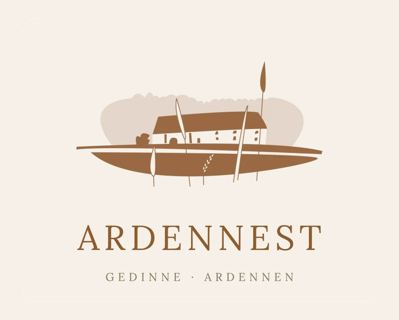 Het nieuwe ArdenNest-logo: hoeve-illustratie met woordmerk