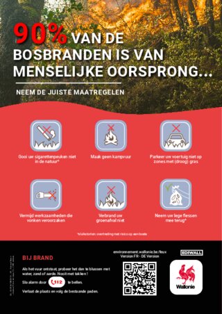 Affiche bosbrandpreventie van Wallonië: 90% van de bosbranden is van menselijke oorsprong
